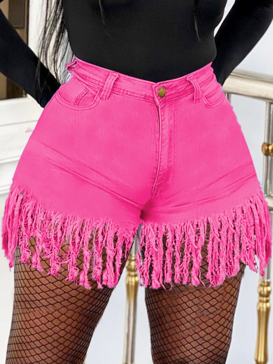

LW High-waisted Tassel Design Denim Shorts, Rose red