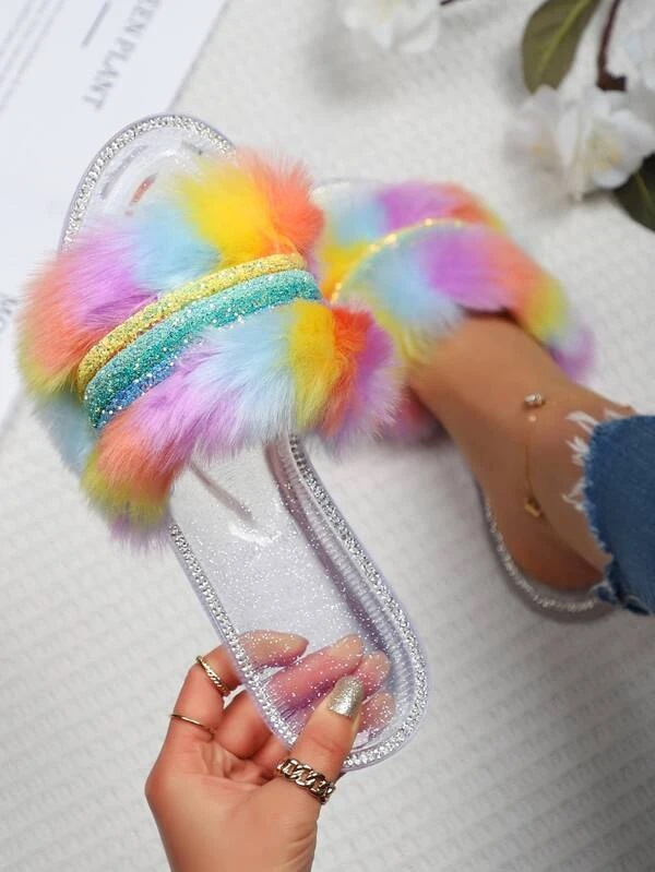 

LW Fluffy Patchwork See-through Slippers, Silver