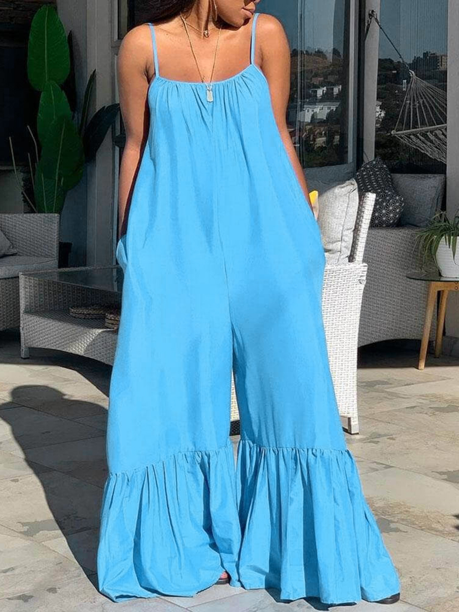 LovelyWholesale Plus Size Casual Flounce Design Loose Baby Blue One-piece Jumpsuit Spring|Summer Sleeveless Vacation Ruffle Spring Summer 2024