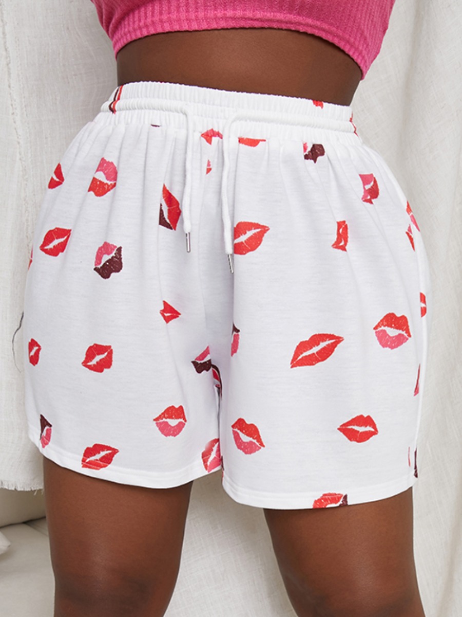 

Lovely Plus Size Lip Print Drawstring Shorts, White