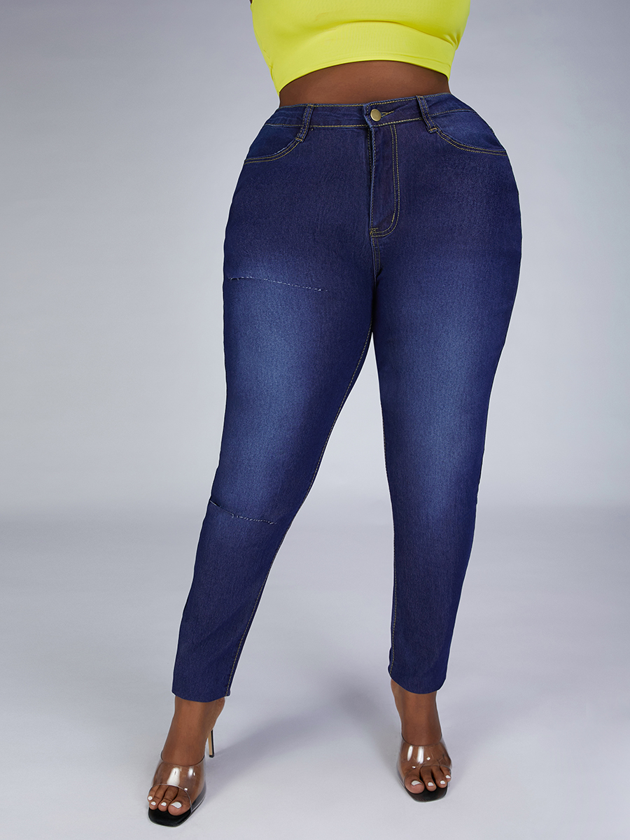 

Lovely Plus Size High-waisted Ripped Jeans, Deep blue
