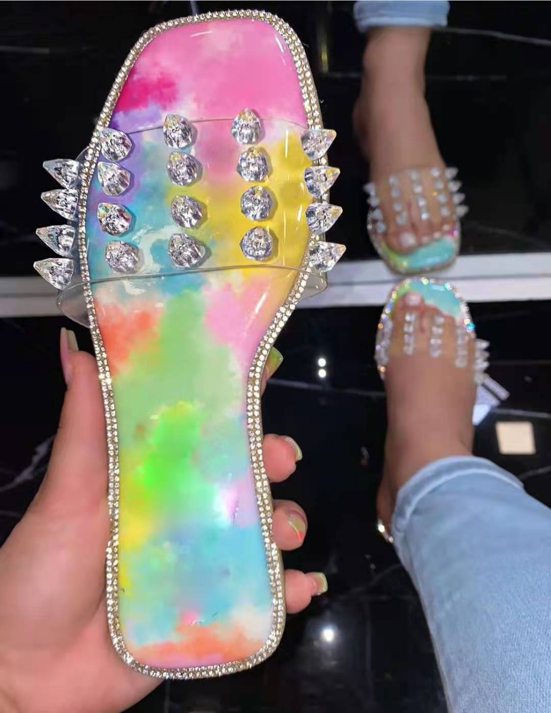 

Lovely Casual Tie-dye Crystal Decoration Multicolor Slippers, Multi