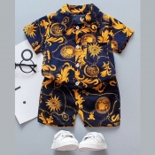 Lovely Boy Bohemian Short Sleeve Print Button Navy