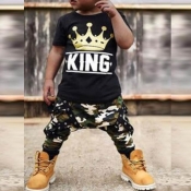 LW Boy Casual O Neck Print Black Two-piece Pants S