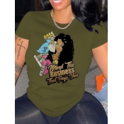 LW Casual Figure Letter Print Army Green T-shirt