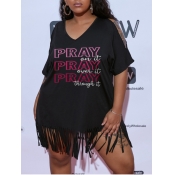 LW Street Letter Print Tassel Design Black Mini Dr