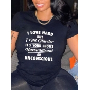 LW Casual Round Neck Letter Print Black T-shirt