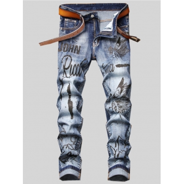 

LW Men Street Graffiti Letter Print Blue Jeans
