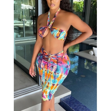 

LW Boho Off The Shoulder Tie-dye Orange Two Piece Skirt Set