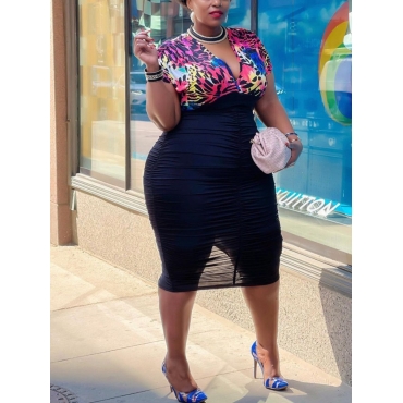 

Lovely Plus Size Casual Leopard Print Slit Black Knee Length Dress