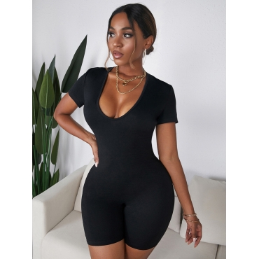 

LW COTTON Material Series V Neck Backless One-piece Romper, Black