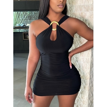 

Lovely Sexy Metal Ring Decoration Skinny Black Mini Dress