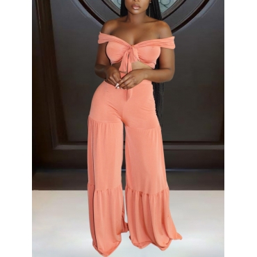 

Lovely Sexy Flounce Design Bandage Design Pink Two Piece Pants Set