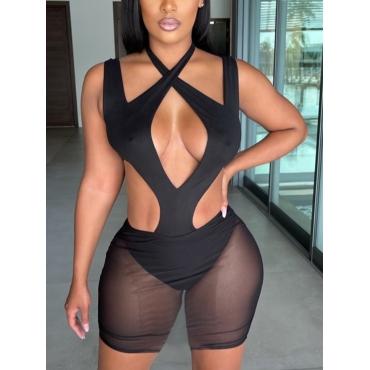 

Lovely Sexy See-through Hollow-out Black Two Piece Shorts Set