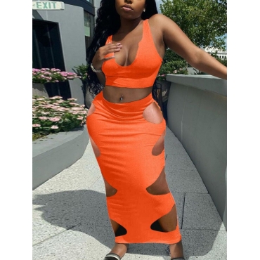 

Lovely Sexy U Neck Hollow-out Jacinth Two Piece Skirt Set