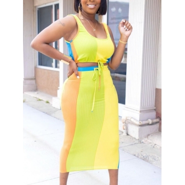 

Lovely Casual Color-lump Rib-Knit Drawstring Yellow Two Piece Skirt Set