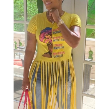 

LW Street Letter Print Tassel Design Yellow T-shirt