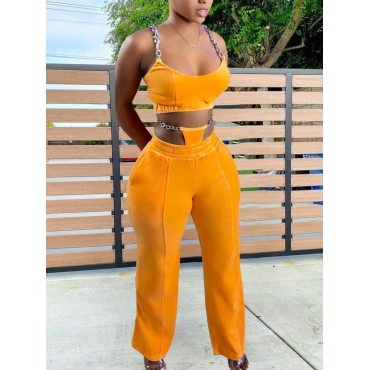 

Lovely Street Chain Bandage Decoration Yellow Two Piece Pants Set