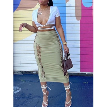 

Lovely Sexy Hollow-out Fold Design Green Ankle Length Skirt