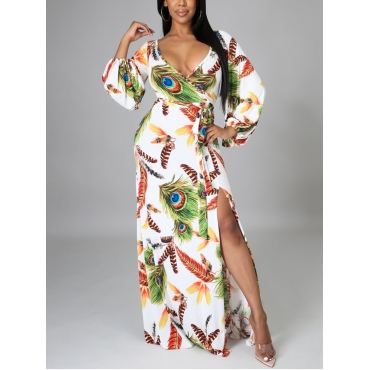 

Lovely Boho Floral Print Slit White Floor Length Dress