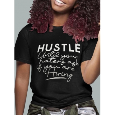 

Lovely Casual Round Neck Letter Print Black T-shirt