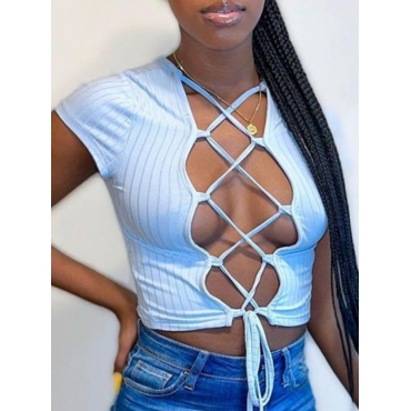 

Lovely Sexy Bandage Hollow-out Design Blue T-shirt