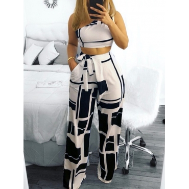 

LW Boho One Shoulder Color-lump White Two Piece Pants Set