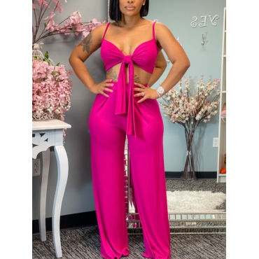

LW SXY Sweet Bandage Design Wide Leg Rose Red Two Piece Pants Set