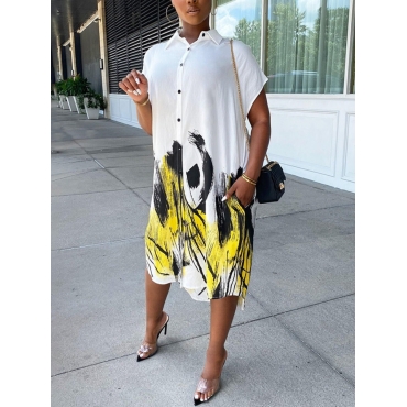

Lovely Street Turndown Collar Print White Mid Calf Shirt Dress