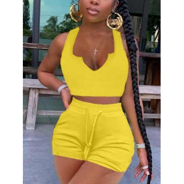

Lovely Casual V Neck Drawstring Yellow Two Piece Shorts Set