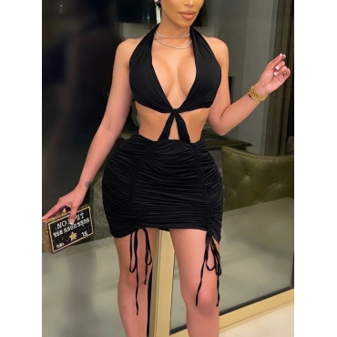

Lovely Sexy Backless Drawstring Black Mini Dress