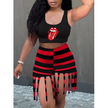 

LW Street Lip Print Striped Tassel Design Red Two Piece Shorts Set