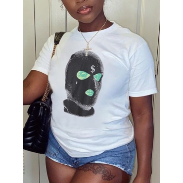 

Lovely Casual Round Neck Alien Print White T-shirt