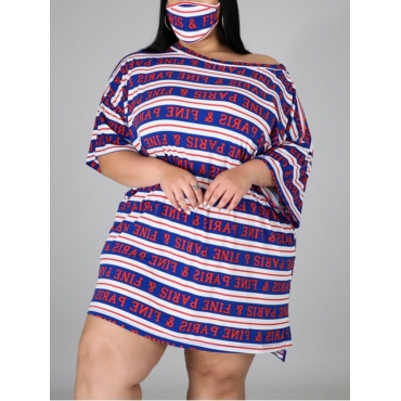 

LW Plus Size Casual Letter Print Striped Blue Mini Dress