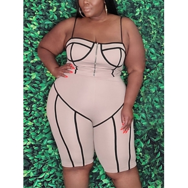 

Lovely Plus Size Street Spaghetti Strap Striped Apricot One-piece Romper