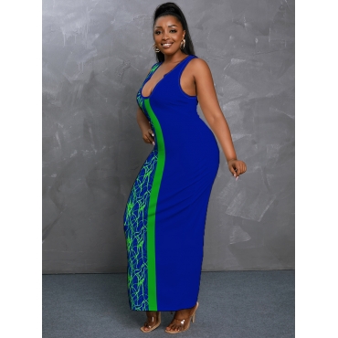 

Lovely Plus Size Casual U Neck Patchwork Acid Blue Ankle Length Dress