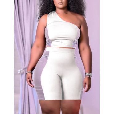 

Lovely Street One Shoulder Patchwork White Two Piece Shorts Set