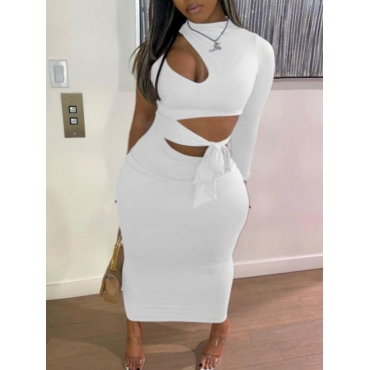 

Lovely Plus Size Street Bandage Hollow-out Design White Ankle Length Dress