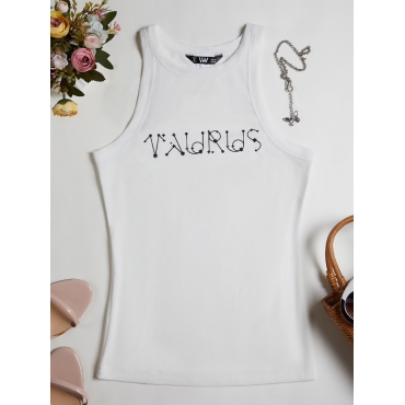 

LW Taurus Casual Round Neck Letter Print White Camisole