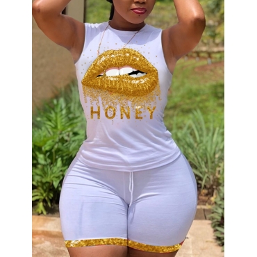 

LW Casual Lip Letter Print White Two Piece Shorts Set