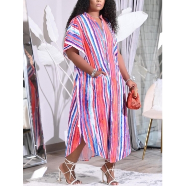 

Lovely Casual Striped Pocket Design Watermelon Red Ankle Length Shirt Dress