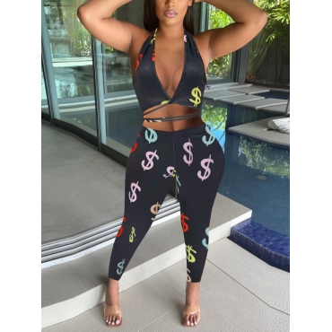 

LW SXY Letter Print Bandage Design Black Two Piece Pants Set