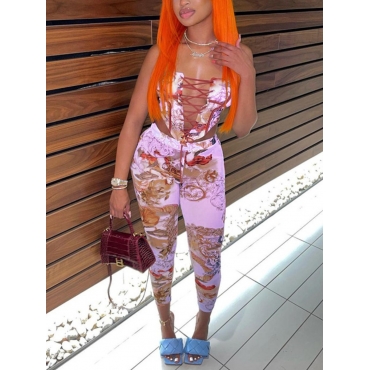 

LW Street Mixed Print Bandage Design Pink Two Piece Pants Set