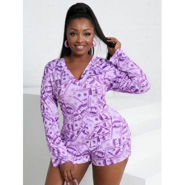 

Lovely Plus Size Casual V Neck Money Print Purple One-piece Romper