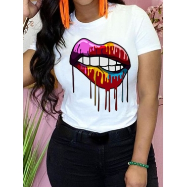 

Lovely Casual Round Neck Lip Print White T-shirt