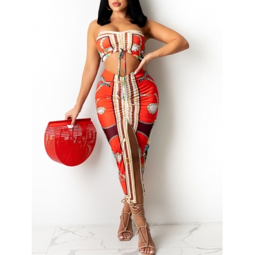 

LW SXY Sweet Chain Print Drawstring Slit Red Two Piece Skirt Set