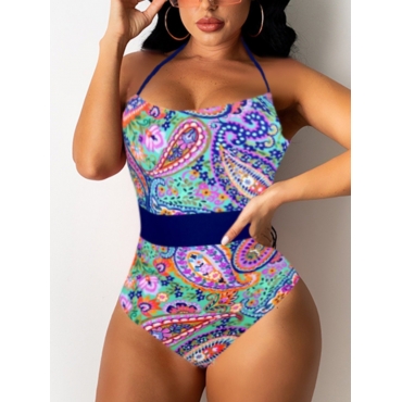

Lovely Boho Spaghetti Strap Mixed Print Blue One-piece Swimsuit