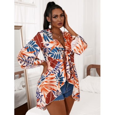 

Lovely Casual Floral Print Bandage Design Multicolor Blouse, Multi