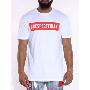 

LW Men Casual Round Neck Letter Print White T-shirt