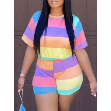 

Lovely Plus Size Casual Round Neck Striped Multicolor Two-piece Shorts Set, Multi